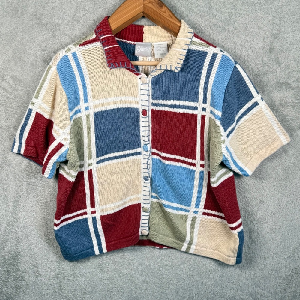 Blair Cardigan Sweater Women L Multicolor Checkered S/S Grandmacore Vintage 90s